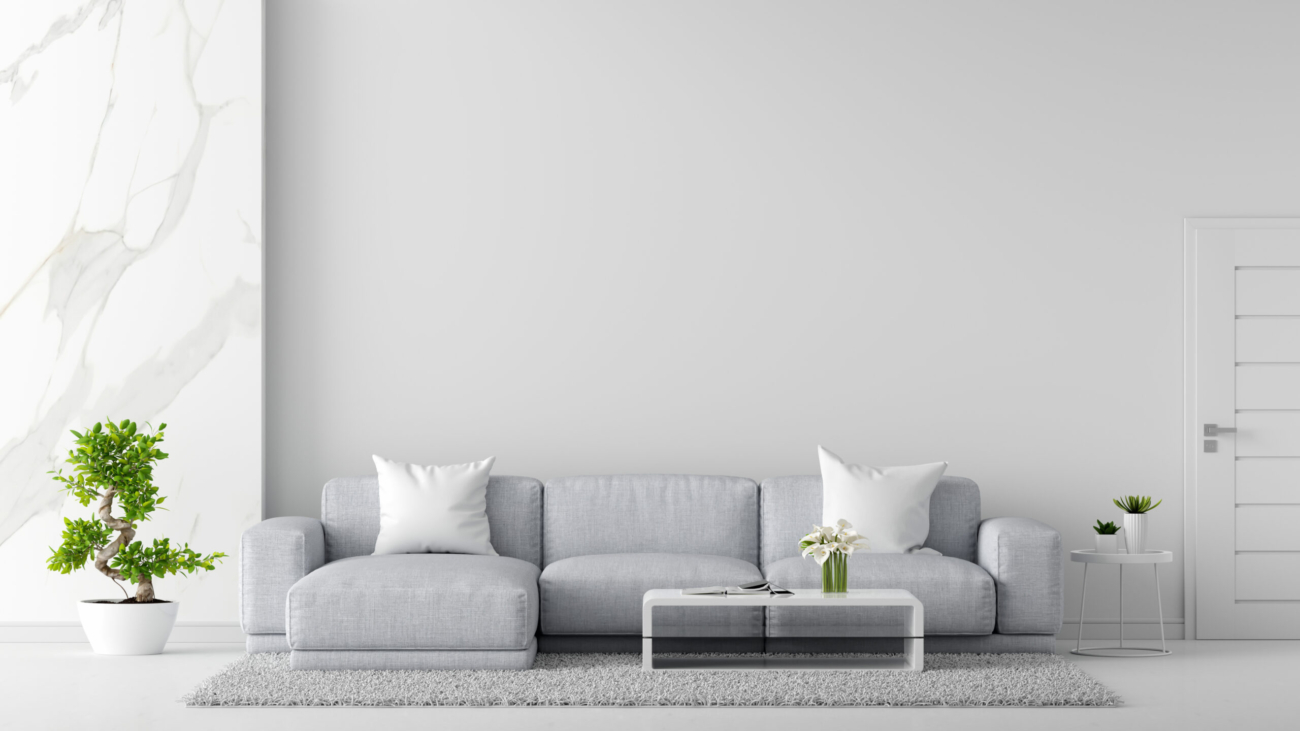 Gray sofa in white living room interior with copy space, 3D rendering