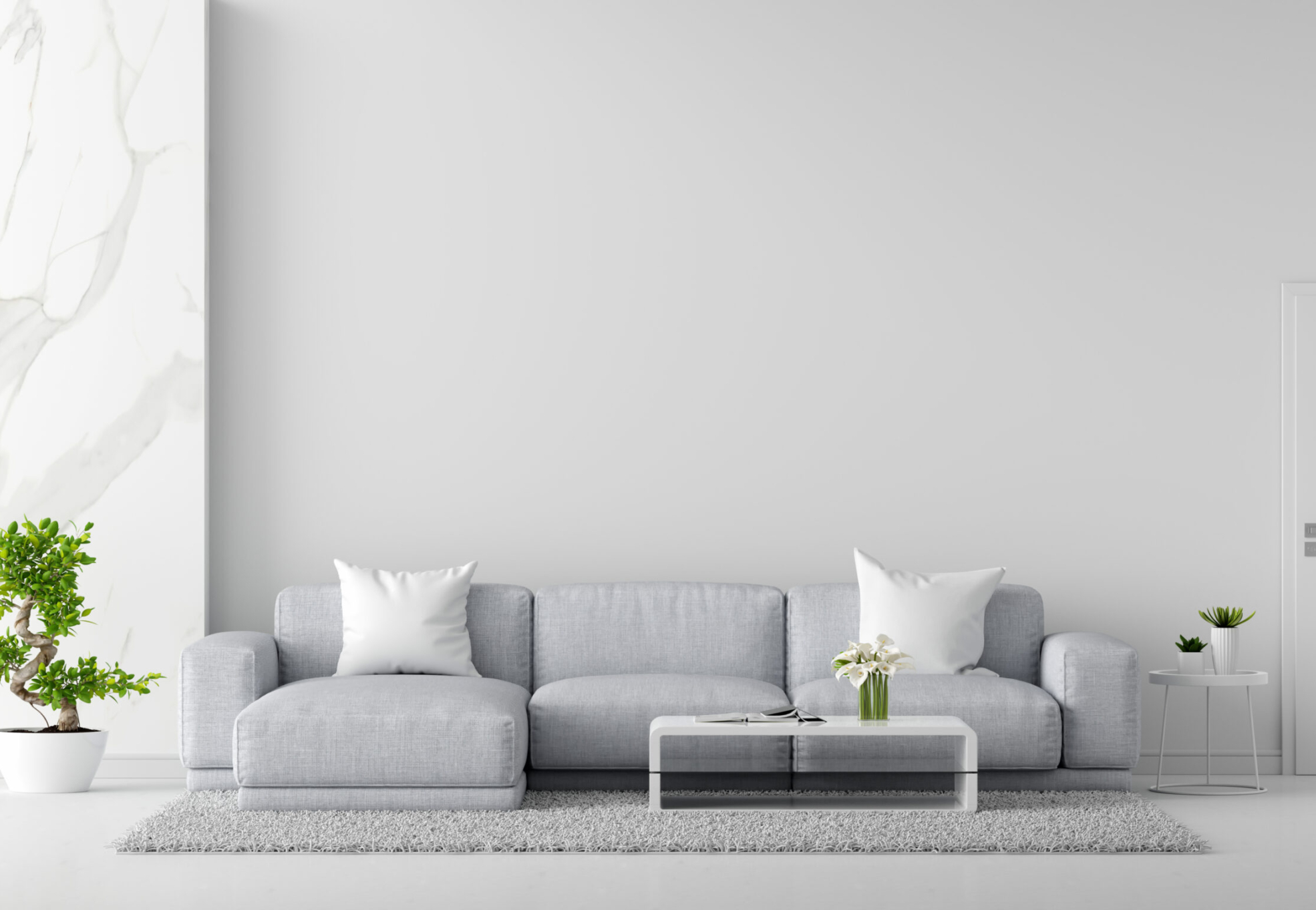 Gray sofa in white living room interior with copy space, 3D rendering