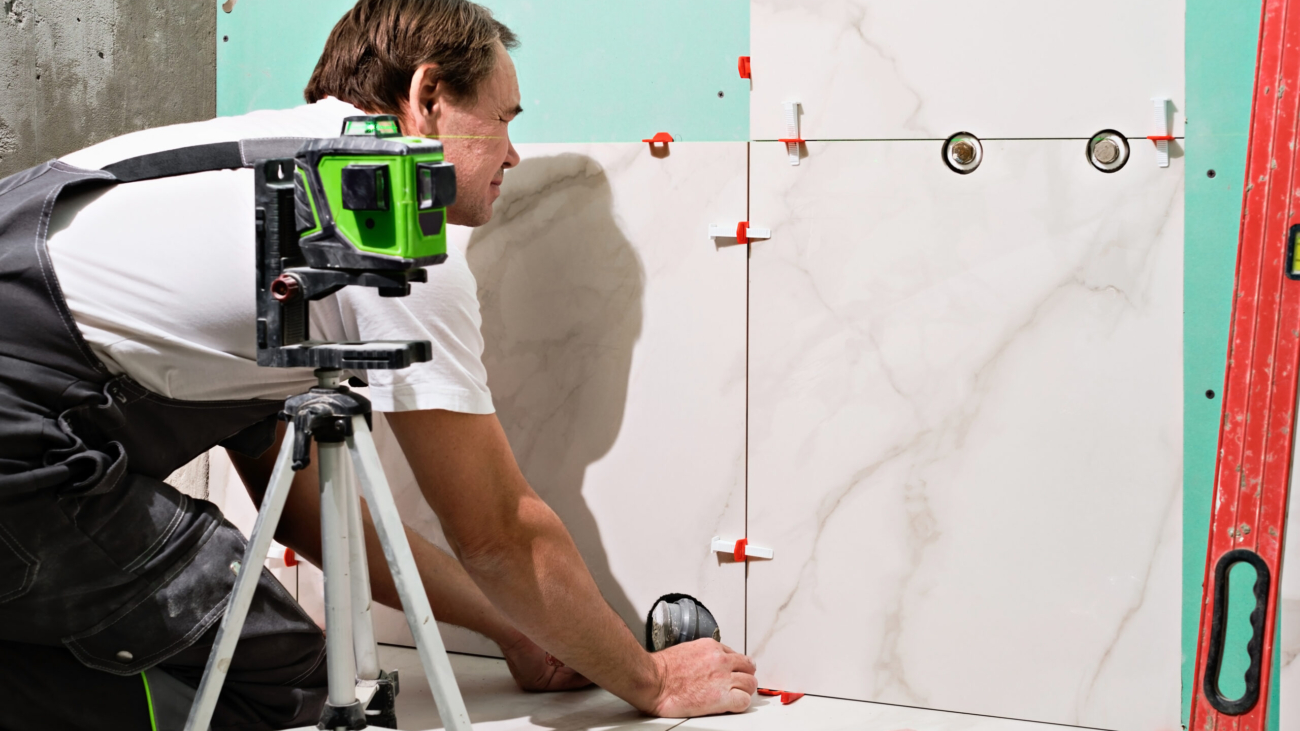 Professional master man laying ceramic tiles on wall in bathroom. Portrait of an experienced repairman laying large size porcelain tiles.Construction worker checking tile installation with laser level